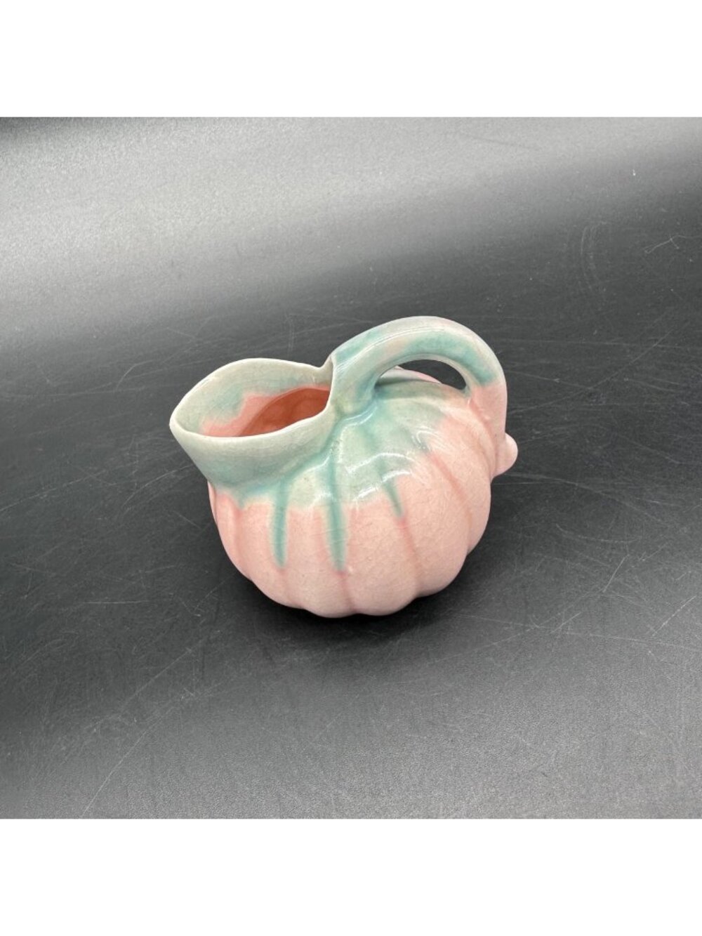 Vintage Miniature Pitcher 1950s Pink Green Drip Glaze Pumpkin Ball Mid Century